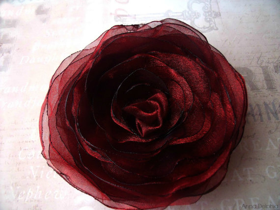 Wedding - Wedding Hair Flower, Red/Black Organza Rose Hair Flower, Bridal Accessory