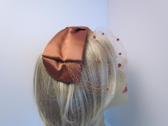 زفاف - Headband Fascinator Hat With Veil Vintage Copper Satin Bow Hat Cocktail Hats Fascinators Womens Hats Veil Headband Hat Wedding Church Hat