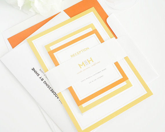 Свадьба - Modern Initials Wedding Invitation - Modern Invitation - Initials, Monogram, Border, Orange, Tangerine, Ombre  - Deposit to Get Started