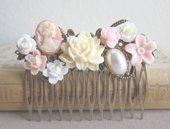 Wedding - Wedding Hair Comb Bridesmaid Gift  Pink Blush Cream Ivory Soft Pastel Colors Flower Floral Shabby Chic Country Bridal Hair Accessories
