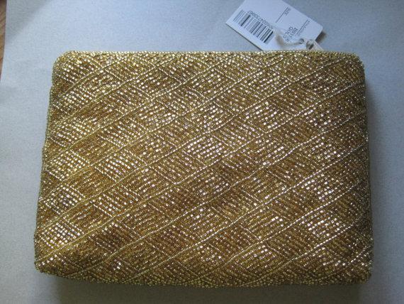 Mariage - Vintage 1990s Gold Glass Beaded Diamond Pattern Clutch Evening Purse Bag wedding  Never Used Great Gatsby party