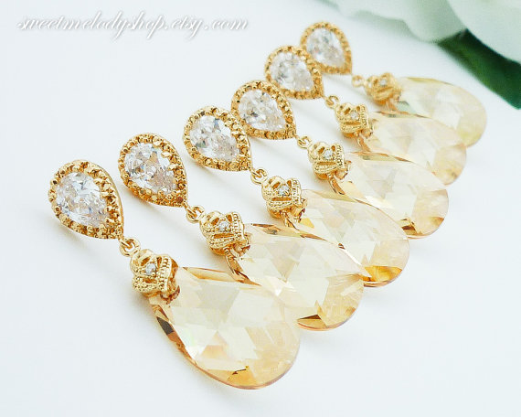 زفاف - 15% OFF SET of 8 Bridesmaid Gift Wedding Jewelry Bridal Jewelry Champagne Earrings Golden Shadow Swarovski Crystal Tear Drop Earrings
