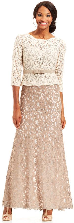 زفاف - Adrianna Papell Three-Quarter-Sleeve Colorblock Lace Gown