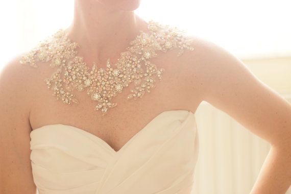زفاف - Bridal Crystal Gold And Blush Statement Necklace, Bridal Swarovski Crystal Lace Necklace