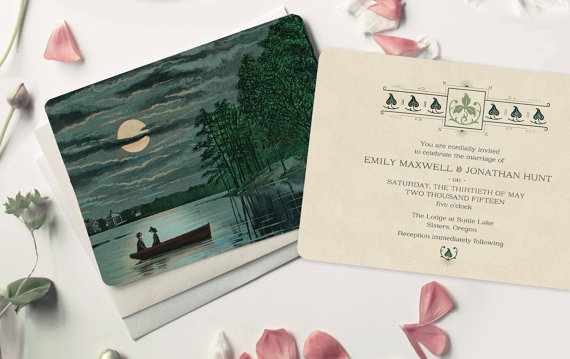 زفاف - Vintage Wedding Invitations - Rustic Moonlight and Boat Lake Theme