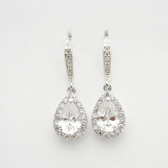 Wedding - Drop Bridal Earrings Crystal Wedding Jewelry Bridesmaid Gift Jewelry Cubic Zirconia Bridal Jewelry Tear Drop Wedding Earrings