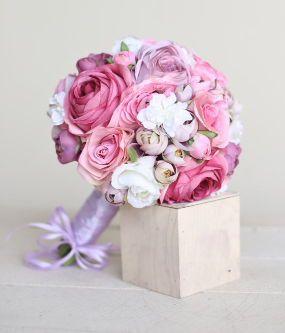 Hochzeit - Silk Bridal Bouquet Pink Lavender Purple Roses Rustic Chic Wedding NEW 2014 Design by Morgann Hill Designs