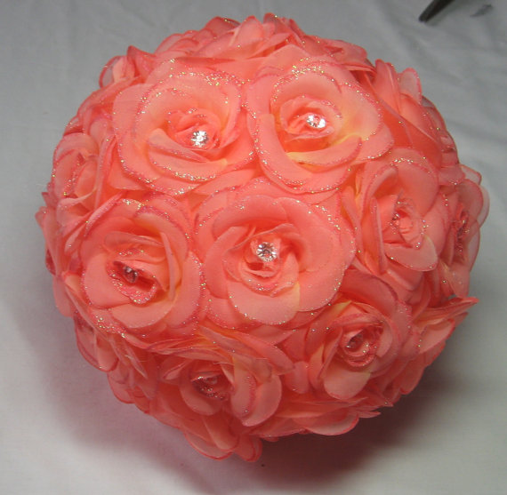 Wedding - 8.5" Rose, Pomander,  Peach, 13 colors,  Icy Rose Kissing Ball, Classic,elegant, centerpiece, bouquet, crystals,forever, alternative