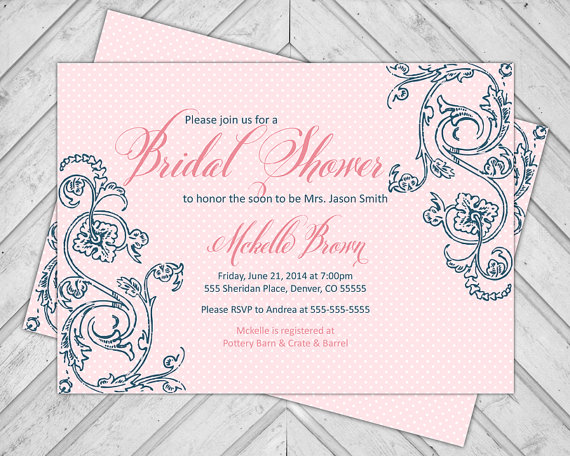Hochzeit - Printable bridal shower invite - coral and navy wedding shower invitation - polkadots and flourishes (608)