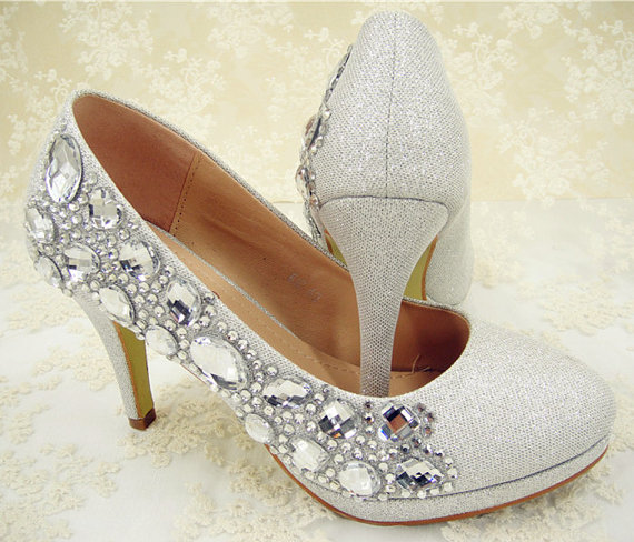 Wedding - Wedding Shoes, Rhinestone Bridal Shoes, High Heel Rhinestone Shoes for Wedding, Bridesmaids, Shows, Silver Prom Shoes, Crystal Evening Shoes