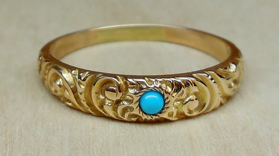Wedding - Vintage Antique Turquoise 14k Yellow Gold Victorian/Art Deco Alternative Engagement Ring Hand Carved 1900-1920