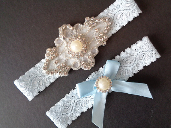 Mariage - Francesca Wedding Garter French Insprired Rhinestone Center Piece Lingerie Lace Pearl Rhinestone Cluster and Toss