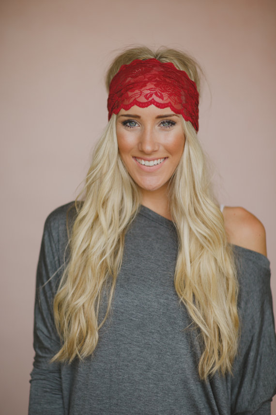 زفاف - Lace Headband, Brick Red, Cute Hair Band, Wide All Lace, Stretchy Tapered Cut, Sheer Lace Headband in Maroon (HB-4001)