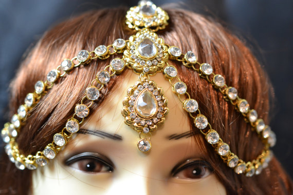 Свадьба - Gold Tone Two Row Crystal Indian Matha Patti Tikka Head Jewelry Bridal Prom 18