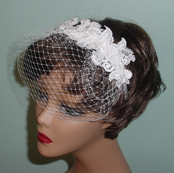 Wedding - Wedding Birdcage Veil with Lace on Headband Made to Order in White Champagne or Ivory