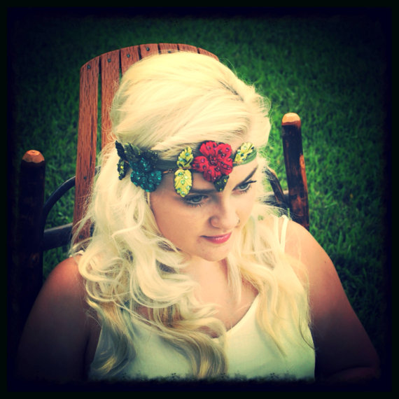 زفاف - Embroidered Flower Swavorski Crystal Boho Headband