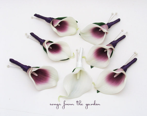 Свадьба - Real Touch Picasso & White Calla Lily Boutonnieres Groom Groomsmen Wedding Flower Package Plum Ribbon - Customize for Your Wedding Colors
