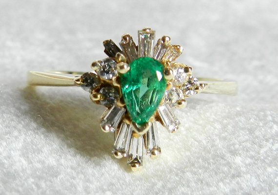 Hochzeit - Emerald Engagement Ring Vintage Emerald Diamond Halo Ring 14K Gold Ring Diamond Halo Ring, May Birthday