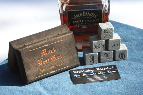 Wedding - Cool Men's Wedding Idea, 6 engraved whiskey stones in a Personalized Wood Box, Great present for Groomsmen and the Best Man, made in the USA