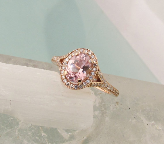 Hochzeit - 14k Rose Gold Split Shank Diamond Halo Engagement Ring Semi Mount for 7 x 5 Oval Peach Pink Champagne Centre Stone