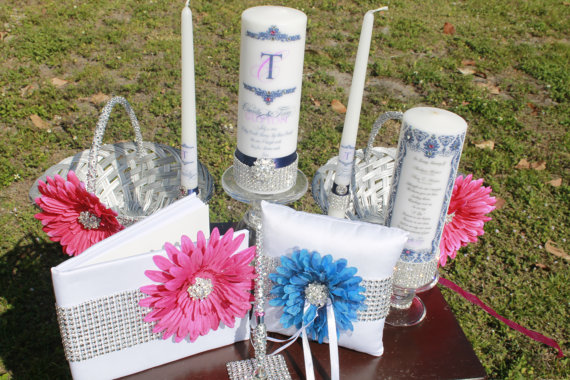 Wedding - His and Her Wedding Accessories.....Unity Candles, Memorial Candle, Holders, 2 flower Baskets, Ring Pillow, Guest Book and Rhinestone pen