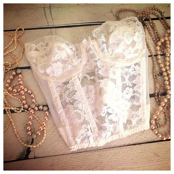 Wedding - SALE Vintage Victorias secret white lace bra bustier / vintage bra / sexy lingerie / vintage lingerie / vintage wedding / size 34A