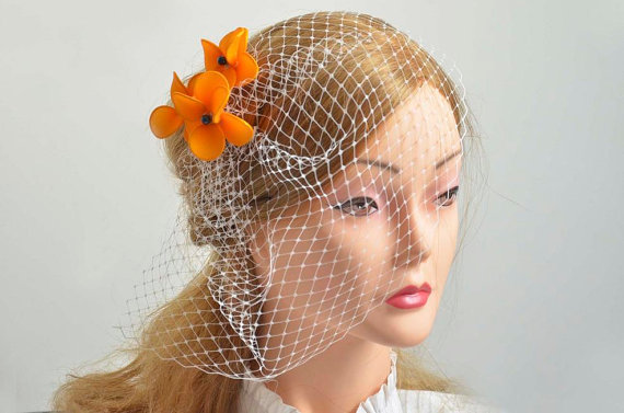 Hochzeit - Birdcage veil flower headpiece Bridal veil fascinator Flowers with veil Bridal headpiece Head piece  orange flowers Flower headpiece
