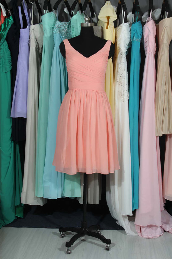 Mariage - Coral Straps Bridesmaid Dress, Custom Made Chiffon Knee Length Bridesmaid Dress, Cheap Bridesmaid Dress