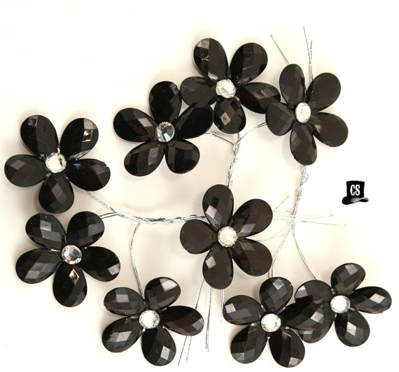 Hochzeit - Black Crystal Flowers - 9 pcs Large - Rhinestone - wedding party favor, quineranera, sweet 16, gift wrapping