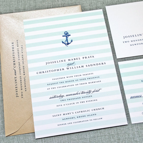 Свадьба - Josseline Nautical Wedding Invitation Sample - Aqua Mint Ombre Stripes, Navy Anchor, Metallic Sand Envelope