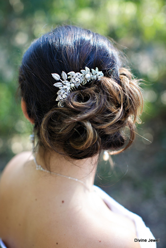 زفاف - Vintage Style Flower and Leaf Rhinestone Bridal Hair Comb,Pearl Rhinestone Hair Comb,Wedding pearl Hair Comb Ivory or White Pearls,ROSELANI