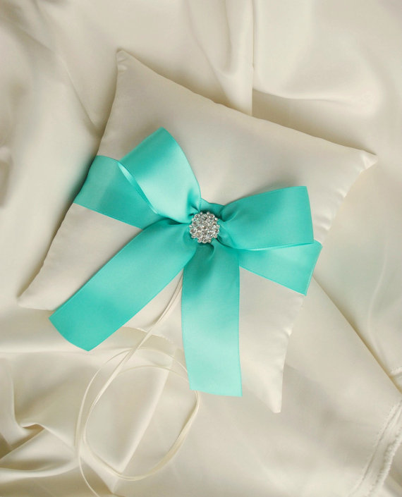 Свадьба - Tiffany Blue Wedding Ring Bearer Pillow - White or Ivory Satin Ring Bearer Pillow with Tiffany Blue Aqua Satin Ribbon