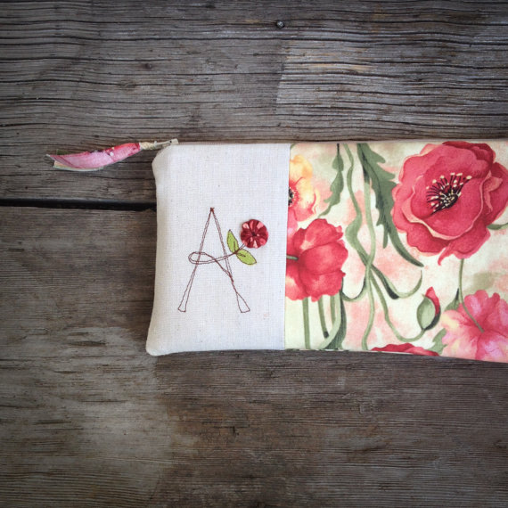 Hochzeit - Wedding Gift Clutch, Personalized Floral Purse, Red Poppy Garden, Monogram Bridesmaid Gift, red coral butter yellow sage green MADE TO ORDER