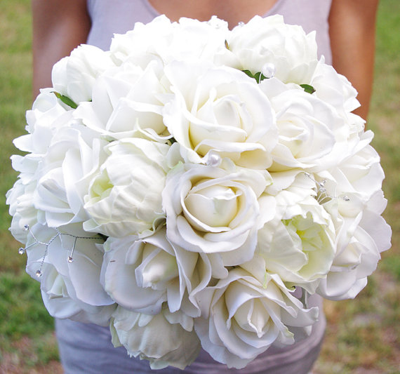 زفاف - Bouquet of Silk Peonies and Roses Off White Natural Touch Flower Wedding Bride Bouquet - Almost Fresh