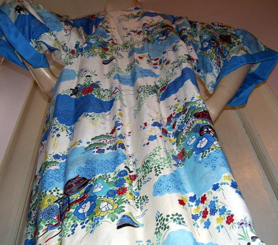 زفاف - Rayon Kimono Robe Rickshaw Pagoda Geisha Blue White Gold Floral Vintage Japanese Fabric Lingerie Adult M L XL