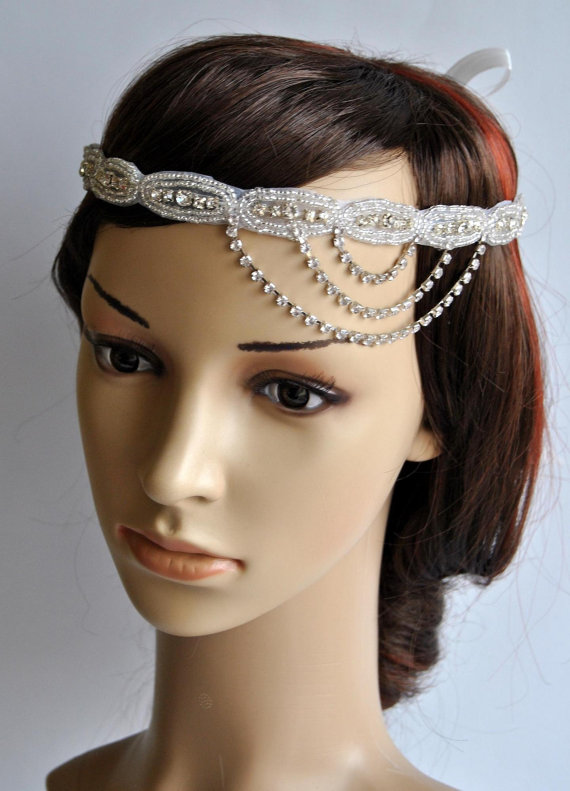 Mariage - Great Gatsby 1920s flapper headband headpiece Rhinestone Headband, Wedding Hair Accessory, Beaded bridal Headband, Crystal Ribbon Headband