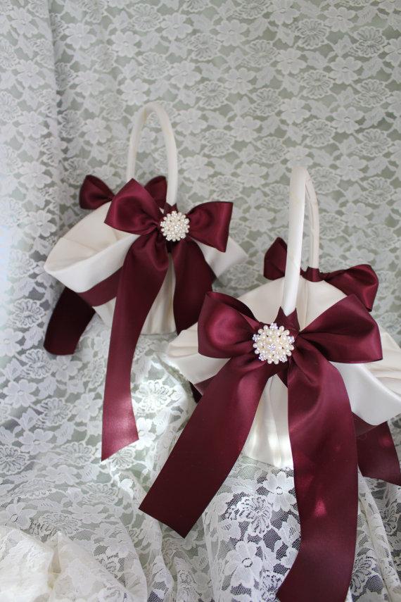 Hochzeit - 3pc Set-Ivory or White Satin Larger Flower Girl Baskets and Ring Bearer Pillow Burgundy Satin Ribbon Pearls Rhinestone Accent-CUSTOM COLORS