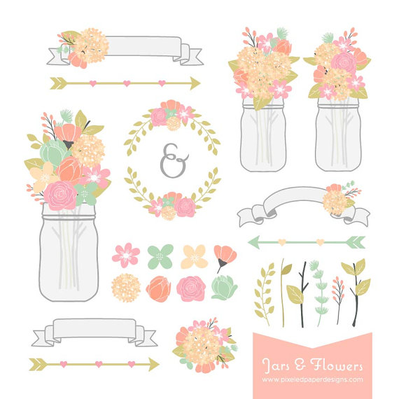 Wedding - Flower & Mason Jar Digital Clipart - Hydrangea, Rose, Laurels. Graphics for Wedding Invites, Photography, DIY 