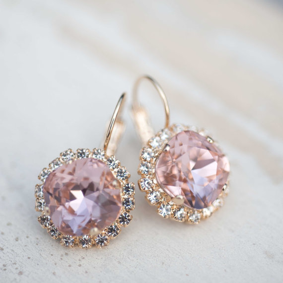 Mariage - Bridal earrings Wedding jewelry Vintage Rose Pink dangle Vintage earrings Gold plated earrings Authentic Swarovski rhinestones