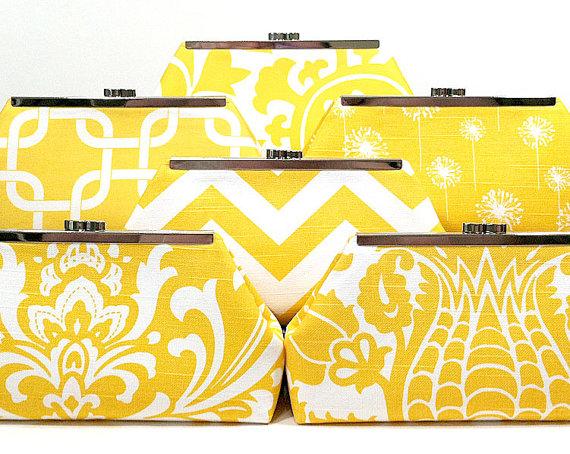 Свадьба - Bridesmaid Clutches Wedding Clutch Bridal Party Accessories Choose Your Fabric Yellow Set of 6