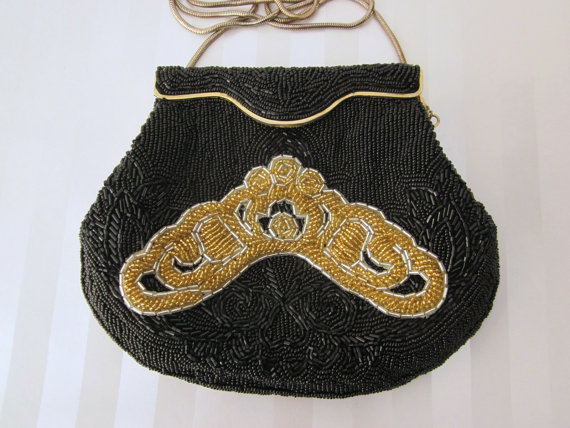 Wedding - Vintage Black beaded Wedding clutch purse with Gold beading