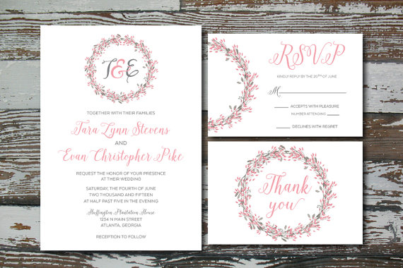 Mariage - Printable Watercolor Wreath Wedding Invitation Set