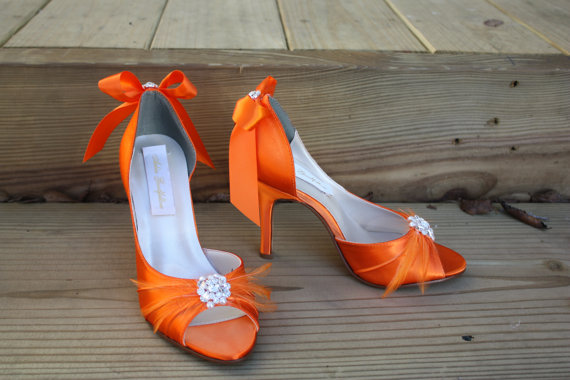 Свадьба - Orange Wedding Shoes - Choose From Over 100 Colors - Feathers Crystals  And Ribbons - Your Color Choice Wedding Shoes By Parisxox