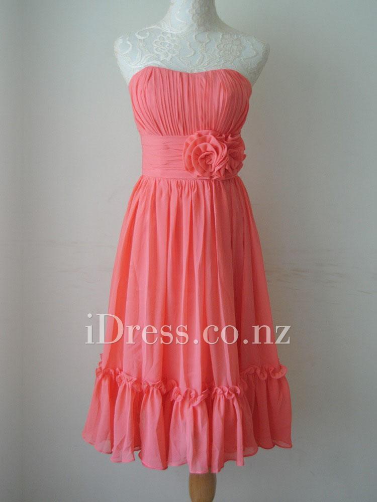 Hochzeit - 3D Flowers Watermelon Pleated Strapless Chiffon Short Bridesmaid Dress