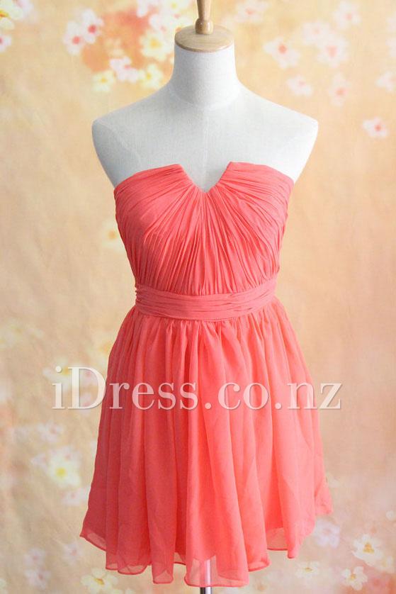 Hochzeit - Strapless Ruched Coral Short Cheap Bridesmaid Dress