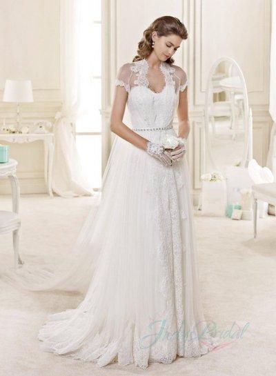 Wedding - JW15135 Romantic sheer tulle top back flowy lace garden wedding dress