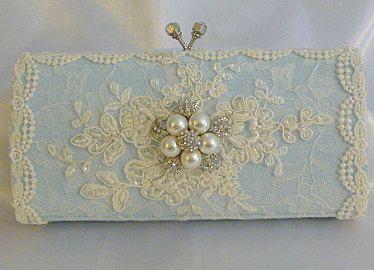 Wedding - Something Blue Wedding Clutch Bag .. Vintage Lace With Swarovski Crystals And Pearls