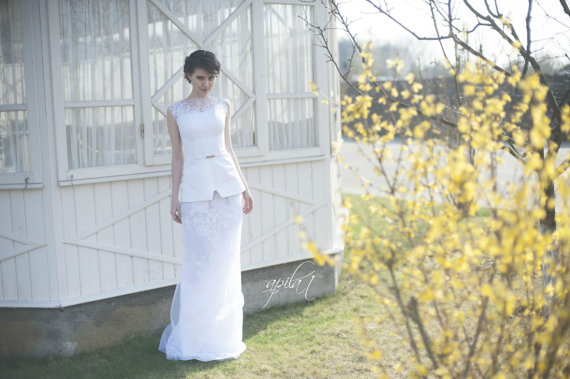 زفاف - Long Wedding Dress, Crepe, Tulle, Organza and Crepe Wedding Dress with Handmade Embellishments by Lace L11(with long and short skirts)