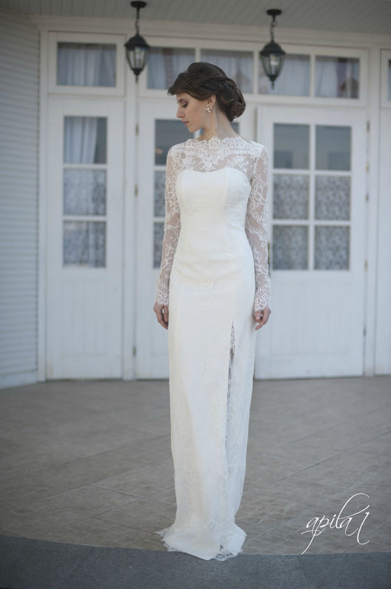 زفاف - Fitted Style Lace Long Wedding Dress with Lase Sleeves L38, Ivory Lace Wedding Gown, Wedding Dress with Long Lace Sleeves