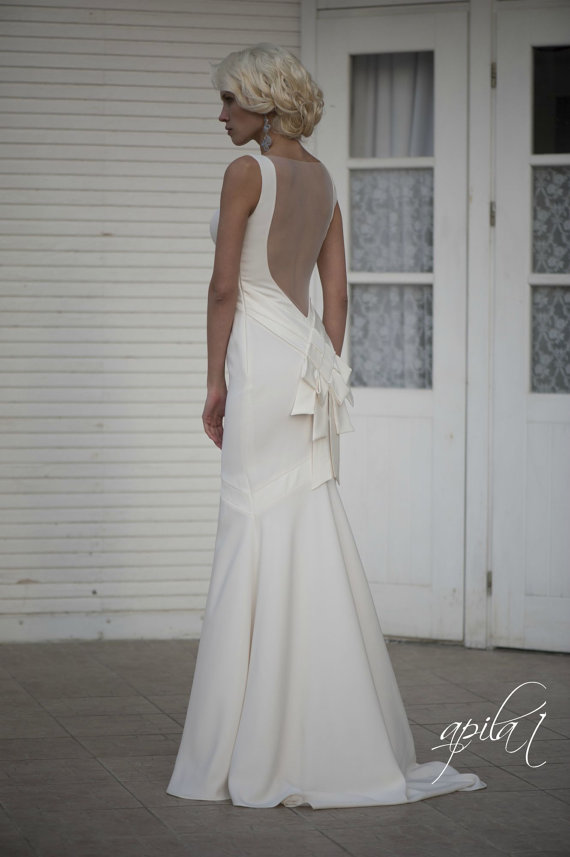 Hochzeit - Long Wedding Dress with Train, Ivory Long Wedding Dress with Open Back, Crepe Wedding Gown L14